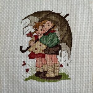 Vintage Cross Stitch Hummel Stormy Weather Boy Girl Umbrella Art